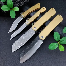 Tactical Higonokami Folding Pocket Knife Damascus Steel Blade Copper Handle Outdoor Survival Hunting Hiking Cutting EDC Tool