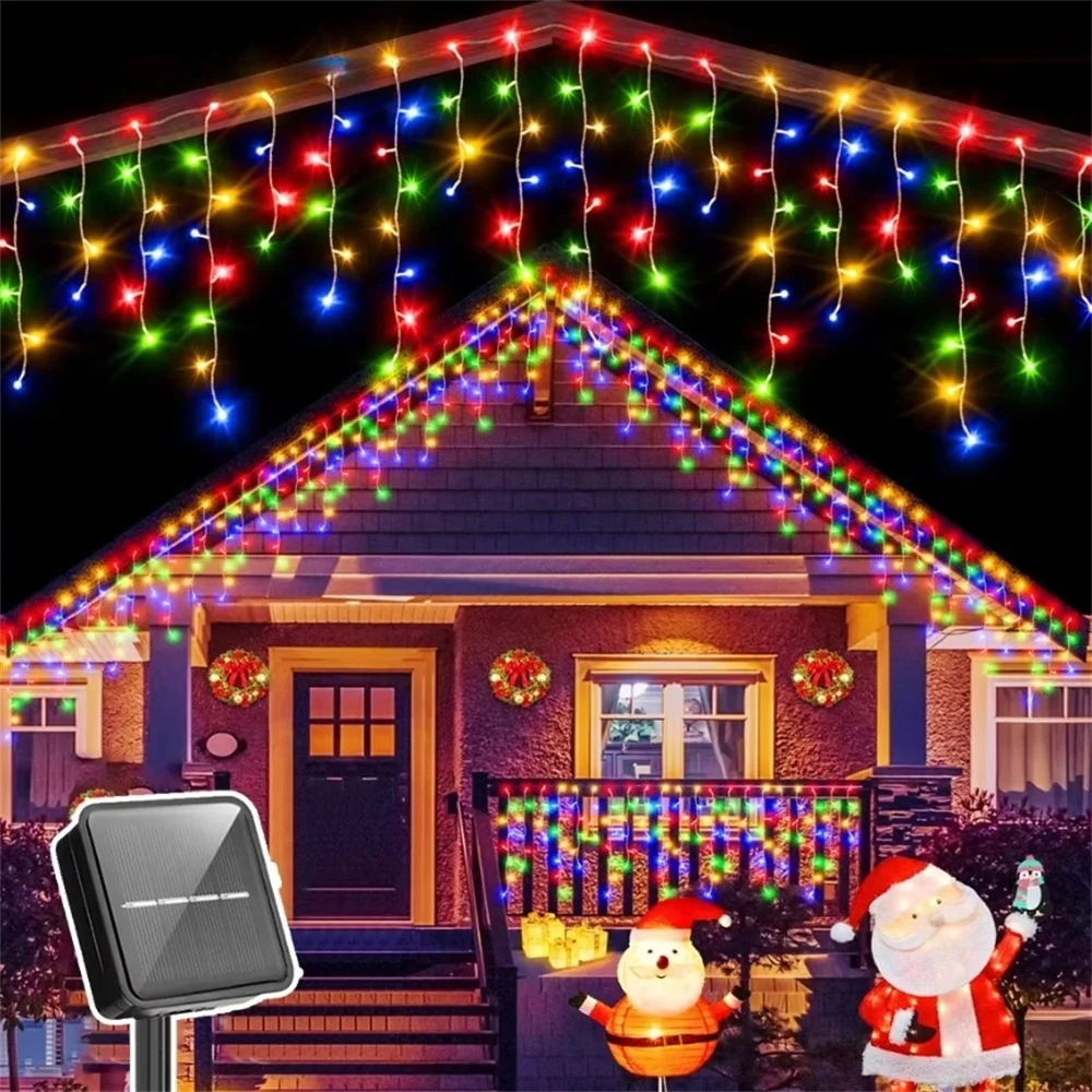 Outdoor Eaves Decoration 3.5M 90Leds Solar lcicle string Lights 8 Lighting Modes Christmas Halloween Party Holiday Lights