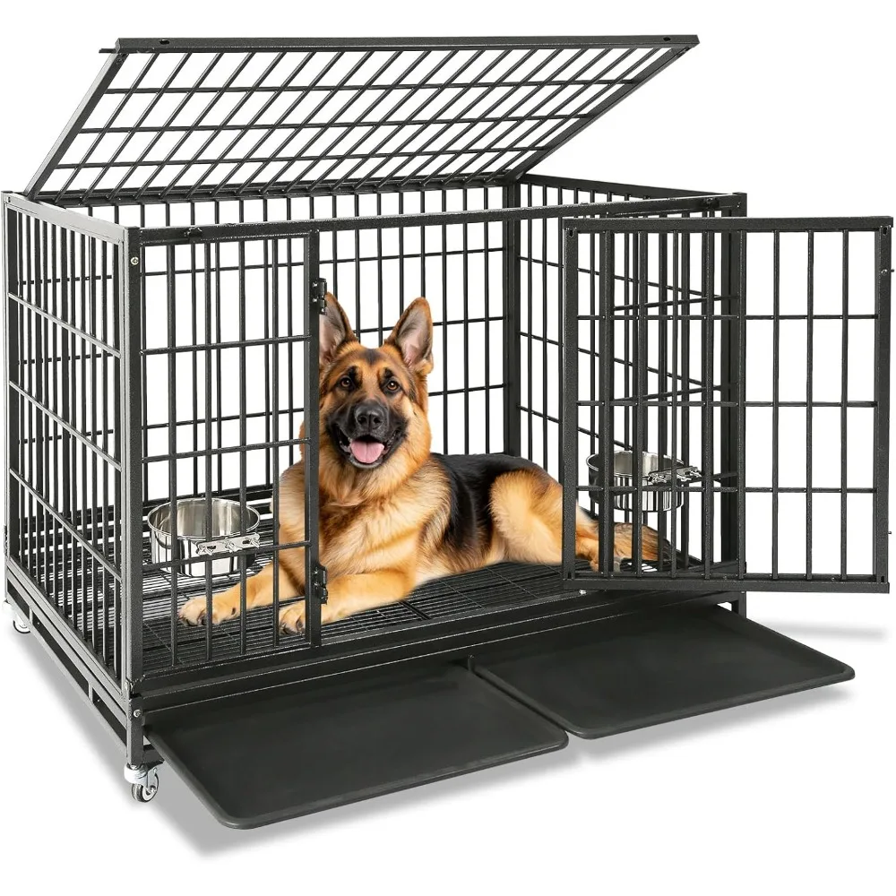

48 Inch Heavy Duty Indestructible Dog Crate, Stackable Escape Proof Dog Cage Kennel Indoor with Two Removable Trays, Metal Grid
