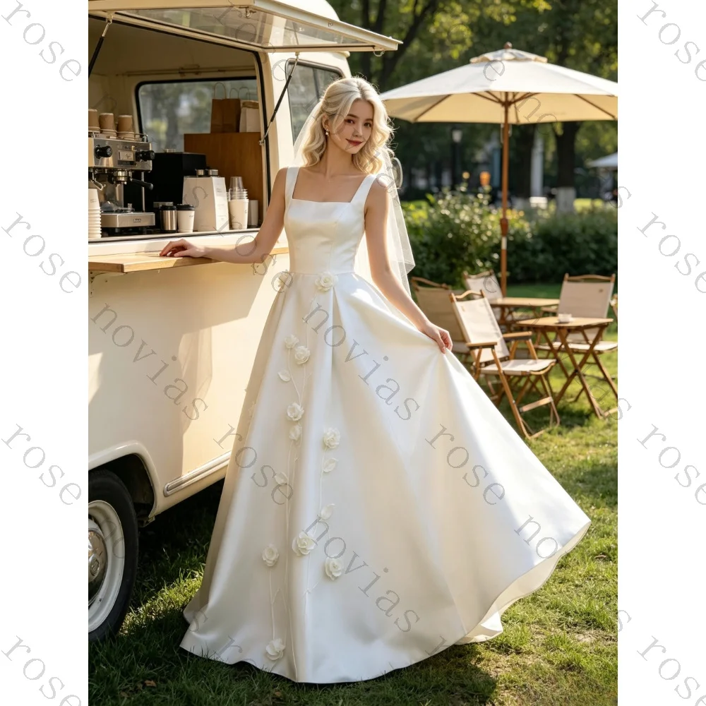 Customized 2026 Square Collar Waist Cinched Satin Wedding Dress 2026 Decals Sleeveless Ruffled Bridal Gown Suitable for Parties