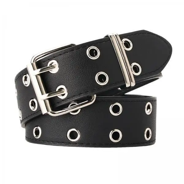 Adjustable PU Leather Punk Waist Belt Double Grommet Hollow Eyelet Wide Strap for Women Party Performance Cosplay