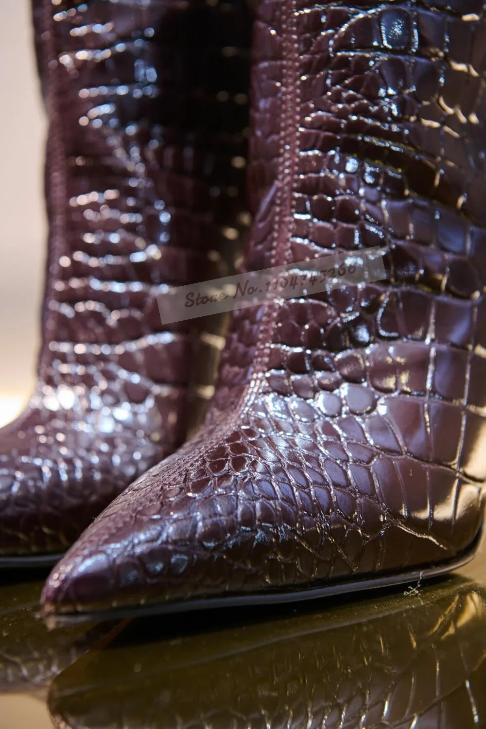 Burgundy Crocodile Thin High Heel Knee Boots Wine Red Matte Stone Pattern Tall Boots Pointed Toe Elegant Dress Shoes view 3