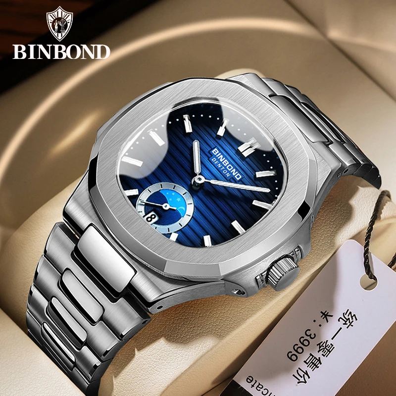 BINBOND Top Brand Luxury Casual Quartz Watch Fashion Square Dial Stainless Steel Calendar Luminous Waterproof Male Clock