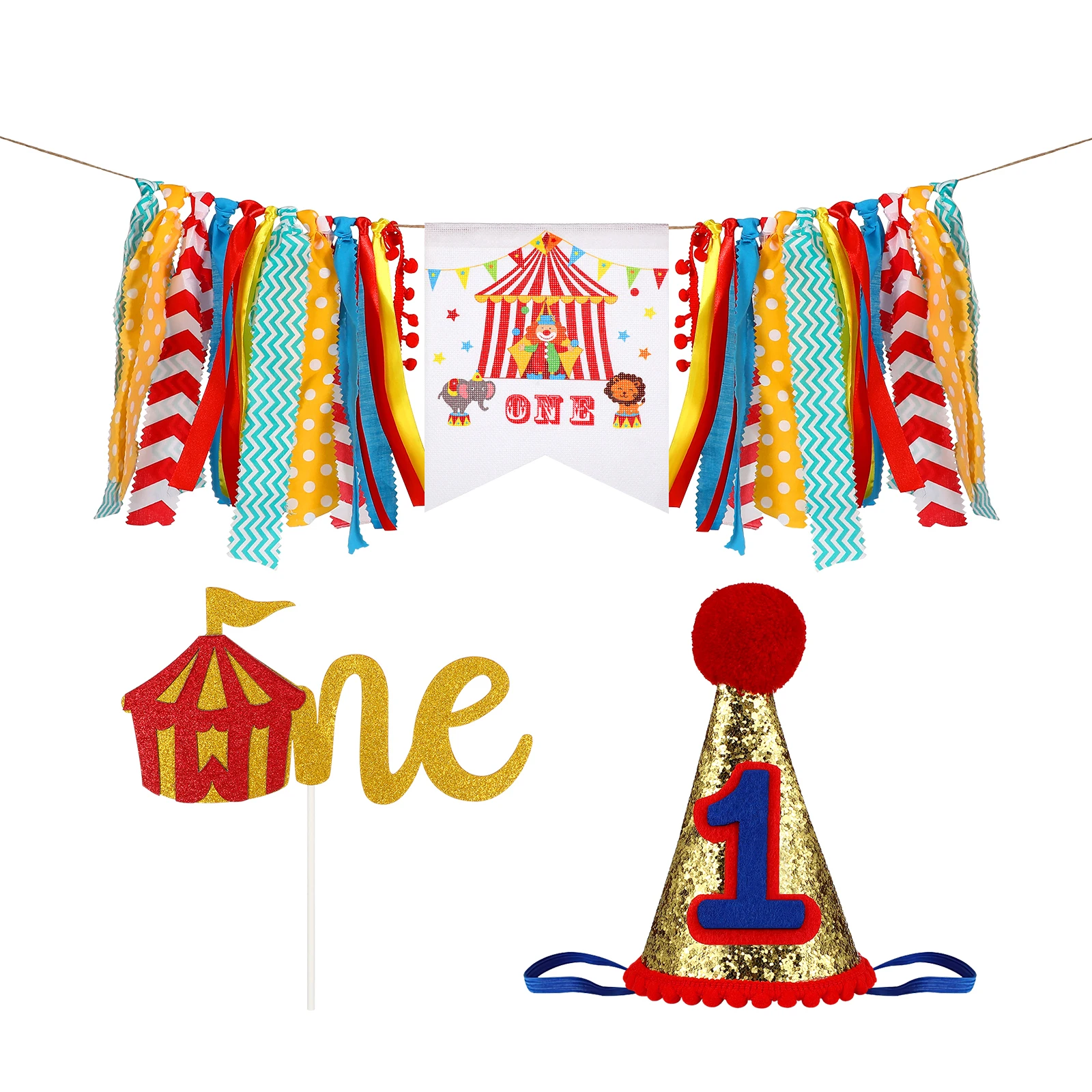 

3 pcs 1st Birthday Decorations Stylish Circus Theme Banner Set Party Supplies Baby Shower Christening Hat Banner