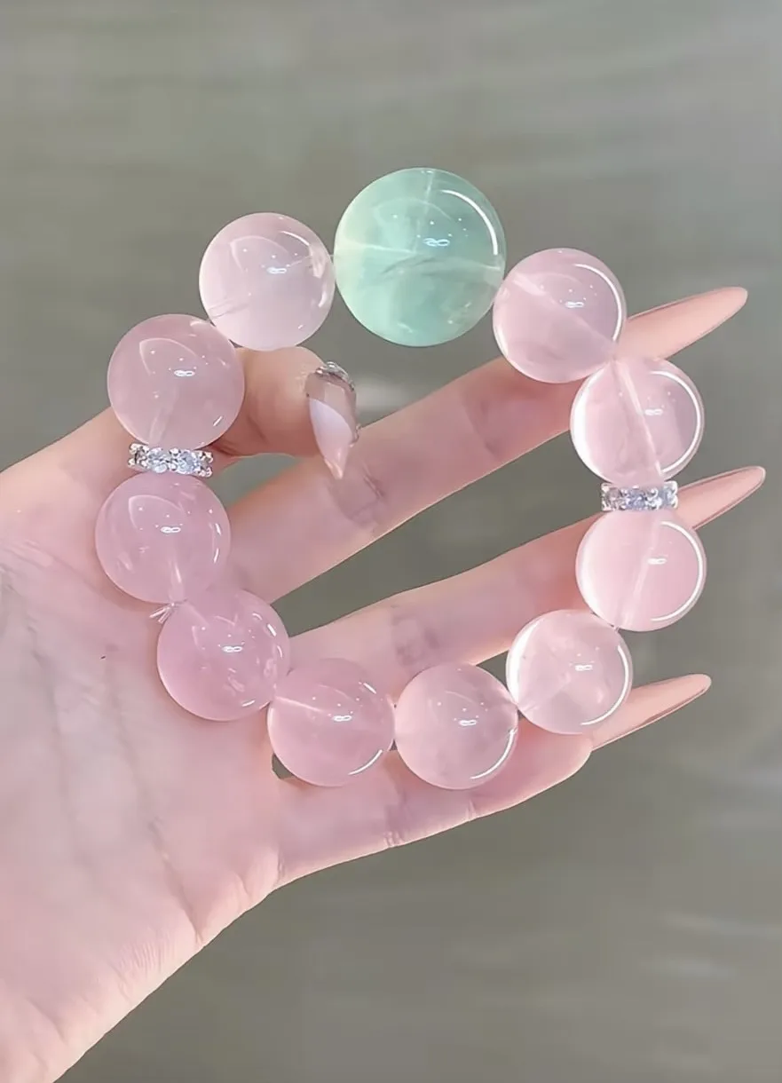 

Brazilian Pink Crystal Bracelet, Large Bead Size, Girly Style, Green Fluorite Bracelet, Perfect Birthday Gift for Best Friend