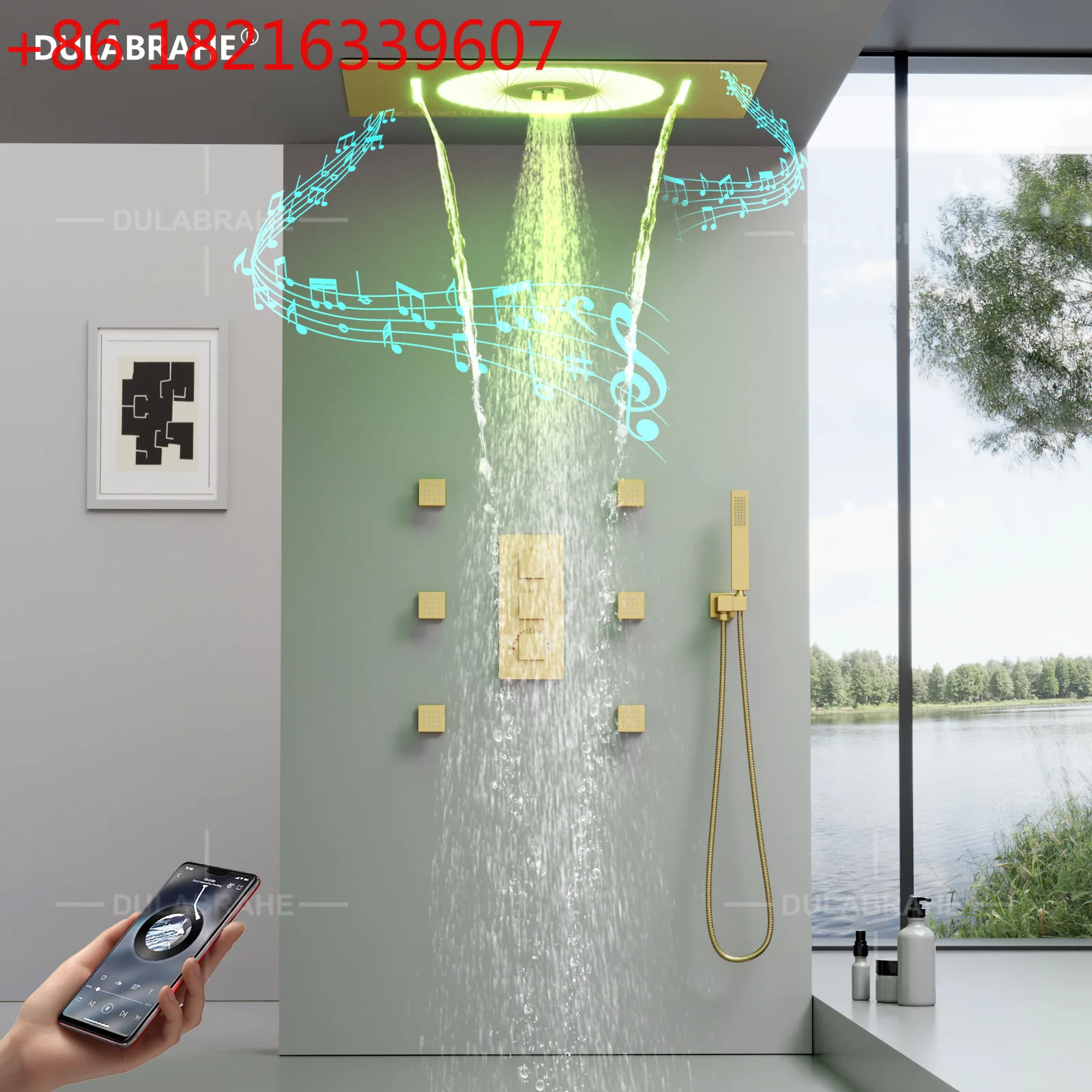 Bathroom ceiling 00x400mm two-function LED music top spray constant temperature brushed gold