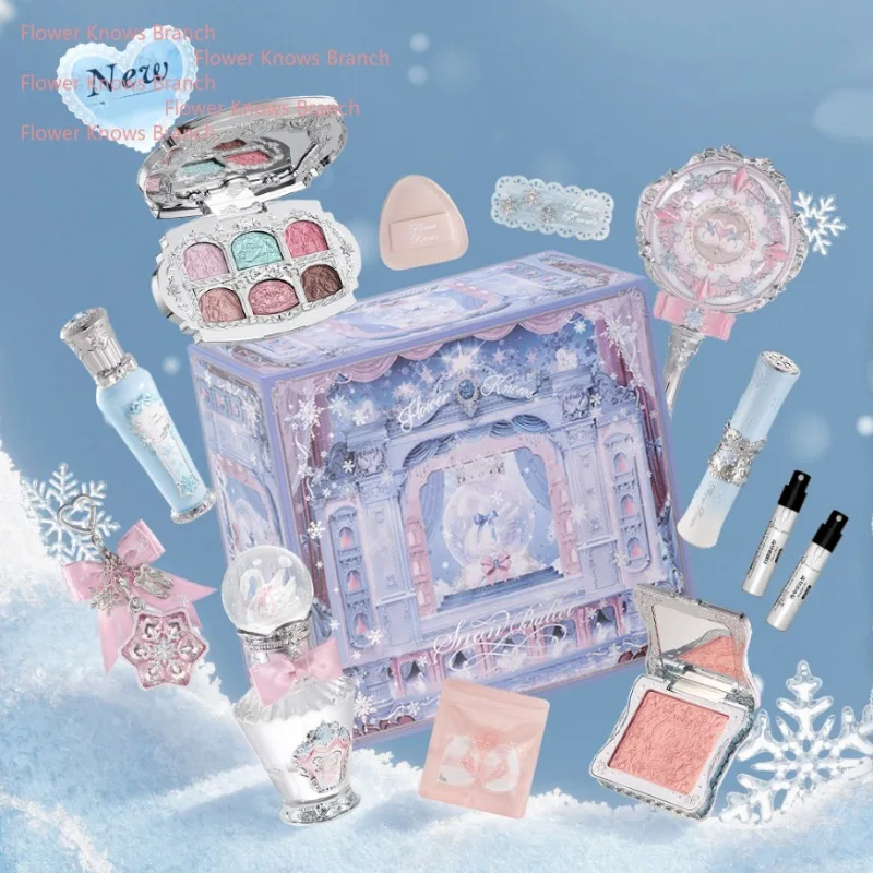 Flower Knows Snow Ballet Makeup Gift Set Box Velvet Blusher,Setting Powder,Shimmer Eyeshadow Palette Long-Lasting Perfume 12pcs