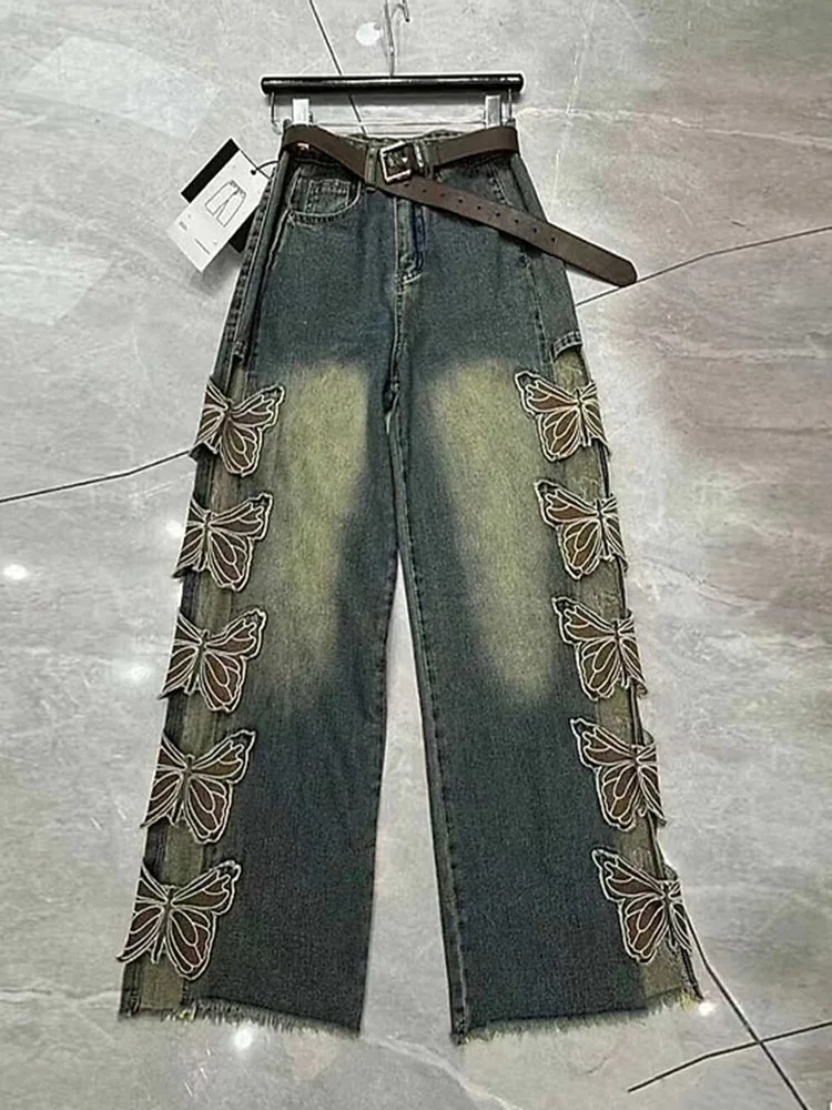 Women Butterfly Embroidered Hollowed Out Jeans European Summer Fashion Retro High Street Female Wide Leg Ripped Denim Pants