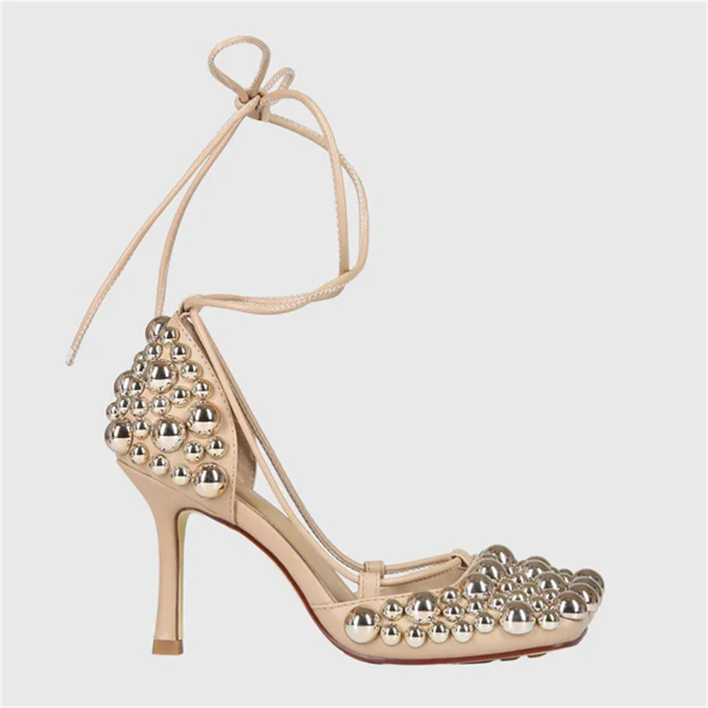 

Cross-Strap High Heel Sandals Gold Silver Beads Embellished Women Sexy Square Toe Stilettos Lace Up Elegant Party Dress Pumps