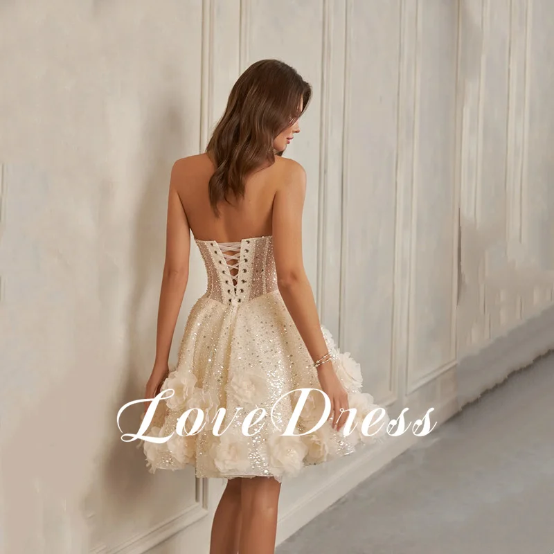 LoveDress Glitter Beaded 3D Flowers Crystal Mini Wedding Dress Strapless A-LineBridal Gowns Backless Shiny Sleeveless Customized
