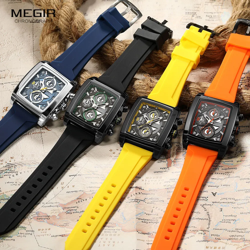 MEGIR Casual Sport Watch for Men Fashion Waterproof Chronograph Quartz Wristwatch with Luminous Hands Blue Silicone Strap Date