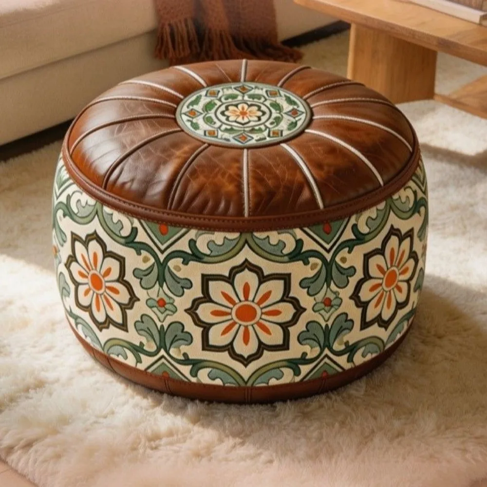 Boho Style Sofa Stool Cover Unstuffed Foldable Storage Ottoman PU Leather Large Capacity Clothes Storage Bag Balcony