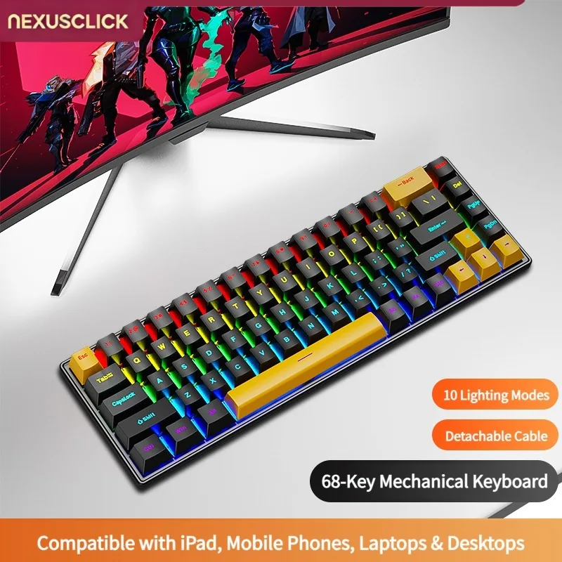 NexusClick K68 Red Switch Wired RGB Mechanical Gaming Keyboard, 50M Keystroke Life Multi-System Compatible Mac Linux Windows