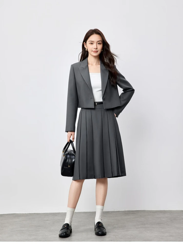 SENTUBILA Blazer Skirt Suits Office Wear Autumn 2025 Woman Short Blazer Lapel Collar Long Sleeve Pleated A-line Skirt 151Z80110Z