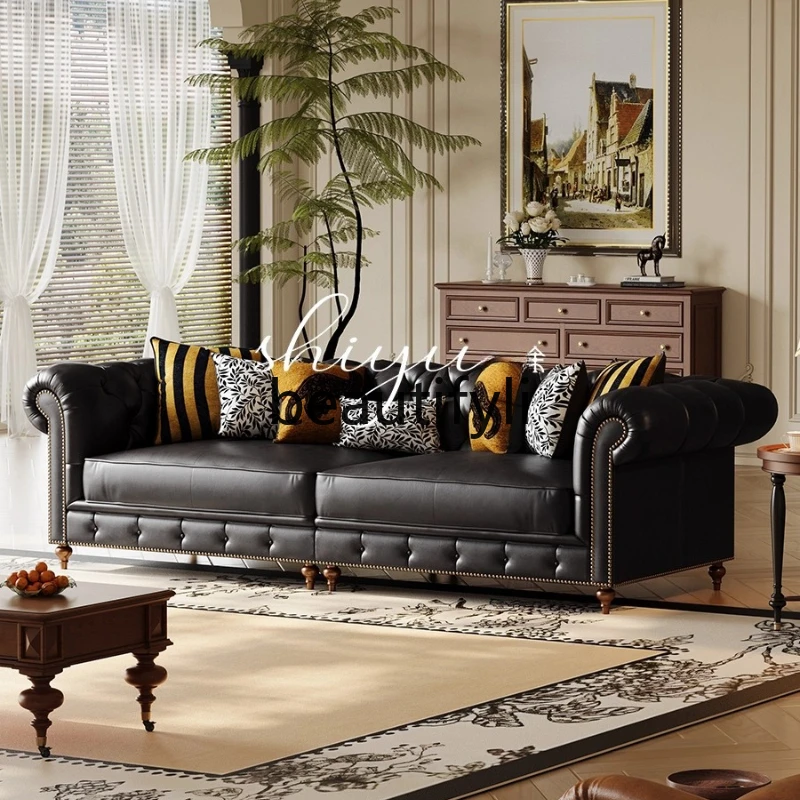 

French Vintage Style Genuine Leather American Retro Sofa Villa Living Room Sofa