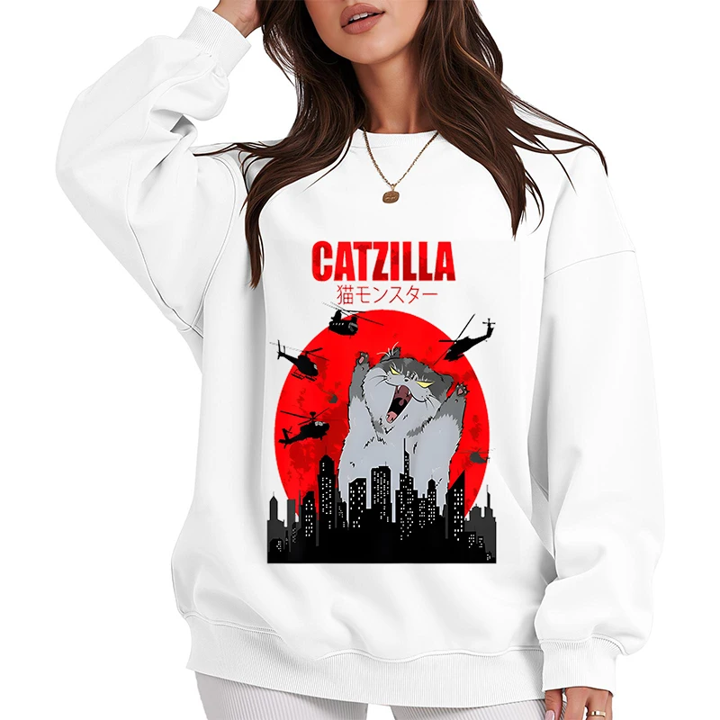 Śmieszne bluzy z grafiką kotów dla kobiet, ubrania Y2k, nadrukowane bluzy z okrągłym dekoltem, streetwear, odzież codzienna męska