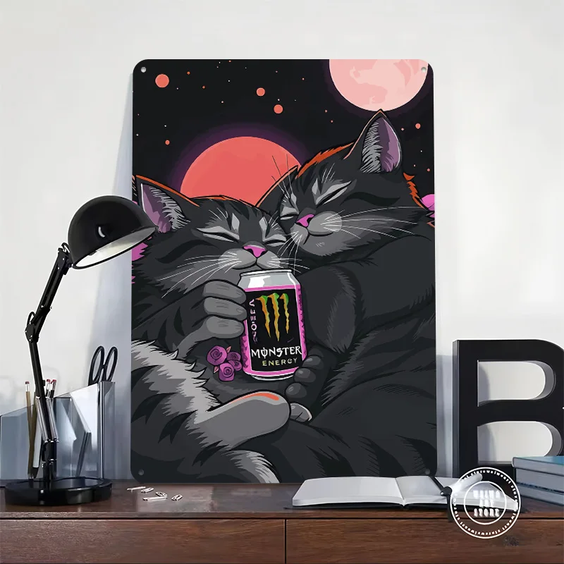Cats Hugging Drink Metal Poster Perfect Gift for Fans Lovers Customized Wall Art Metal Sign for Home Decor Items Funny Signs