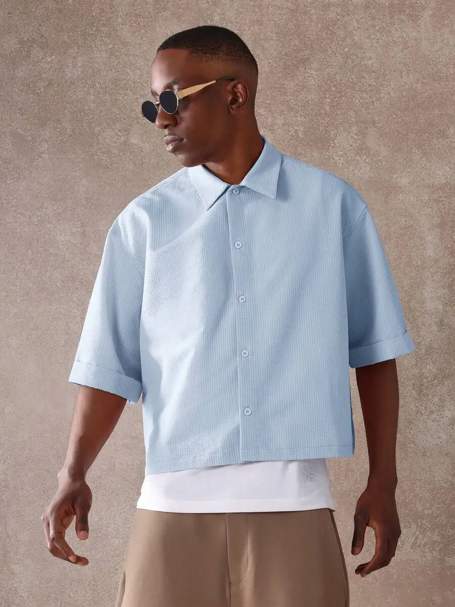 

Light Blue Textured Seersucker Button-Down Short Sleeve Cropped Shirt Relaxed Fit Casual Summer