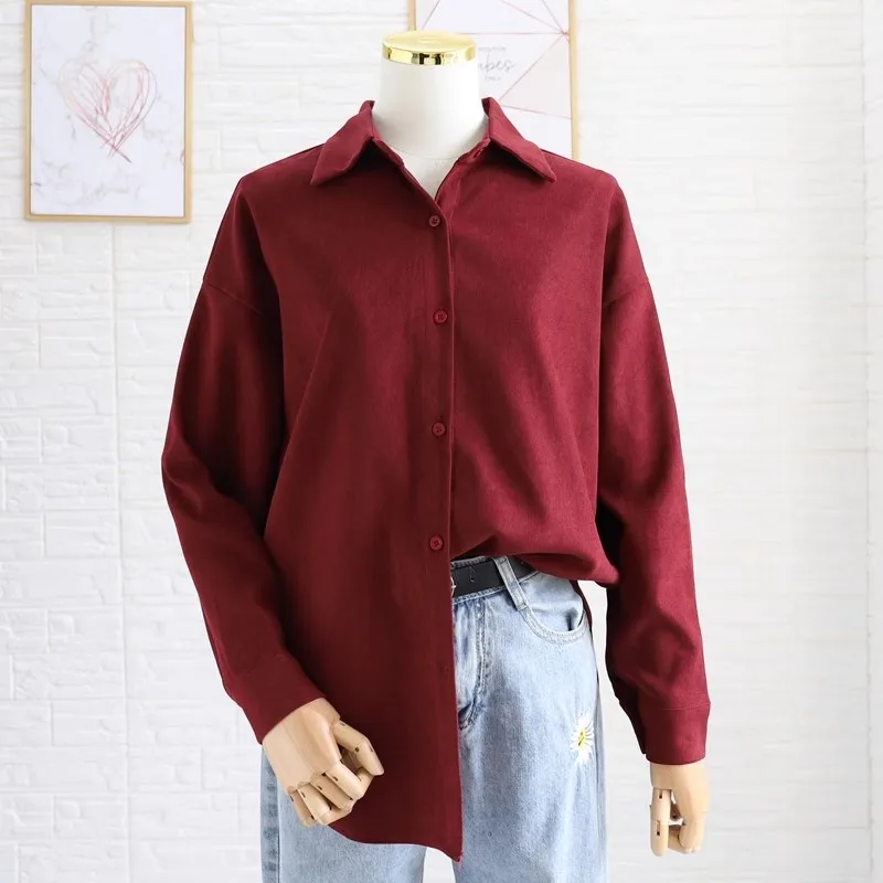 Spring Women Vintage Oversize Corduroy White Shirts Pockets Full Sleeve Turn-Down Collar Casual Blouse Office Lady Basic Tops T1