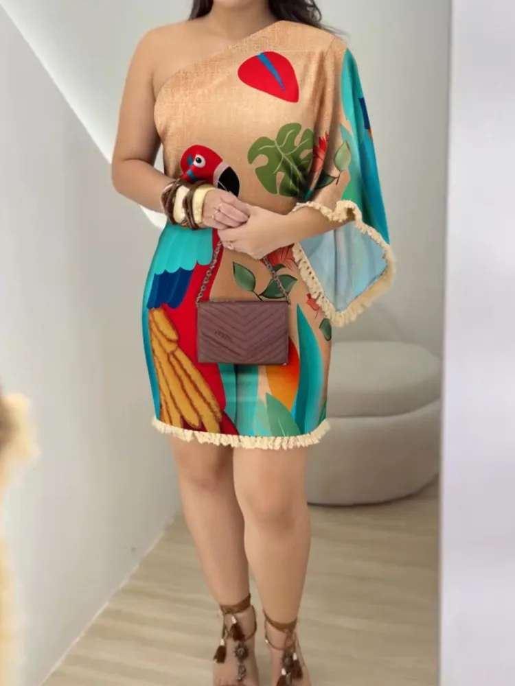 Boho 프린트 미니 드레스 여성용 패션 원 숄더 오프 숄더 드레스 레이디 캐주얼 홀리데이 여름 우아한 여성 의류 New