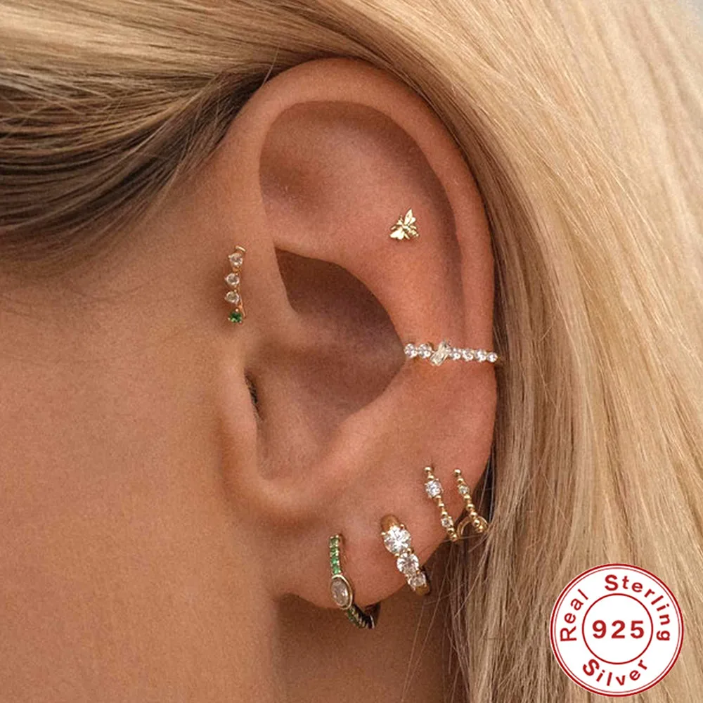 ROXI 100% 925 Sterling Silver Geometric Single Row Crystal Cartilage Piercing 10mm Ear Buckle Wedding Jewelry For Women 1 Piece