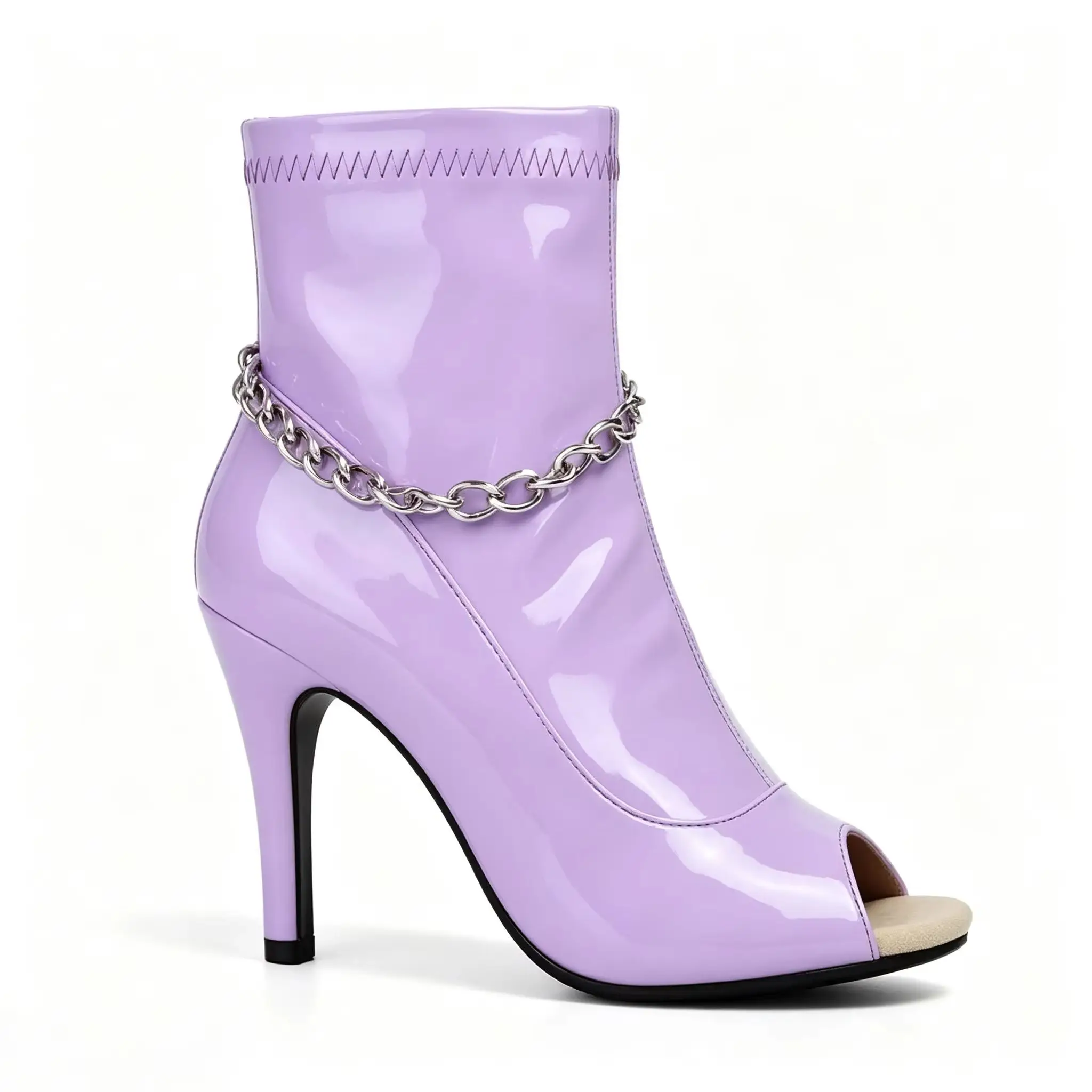 Women Peep Toe Ankle Dance Boots Glossy Purple PU Stiletto Heel Latin Salsa Dance Shoes  Metal Chain Party Stage Dancing Sandals