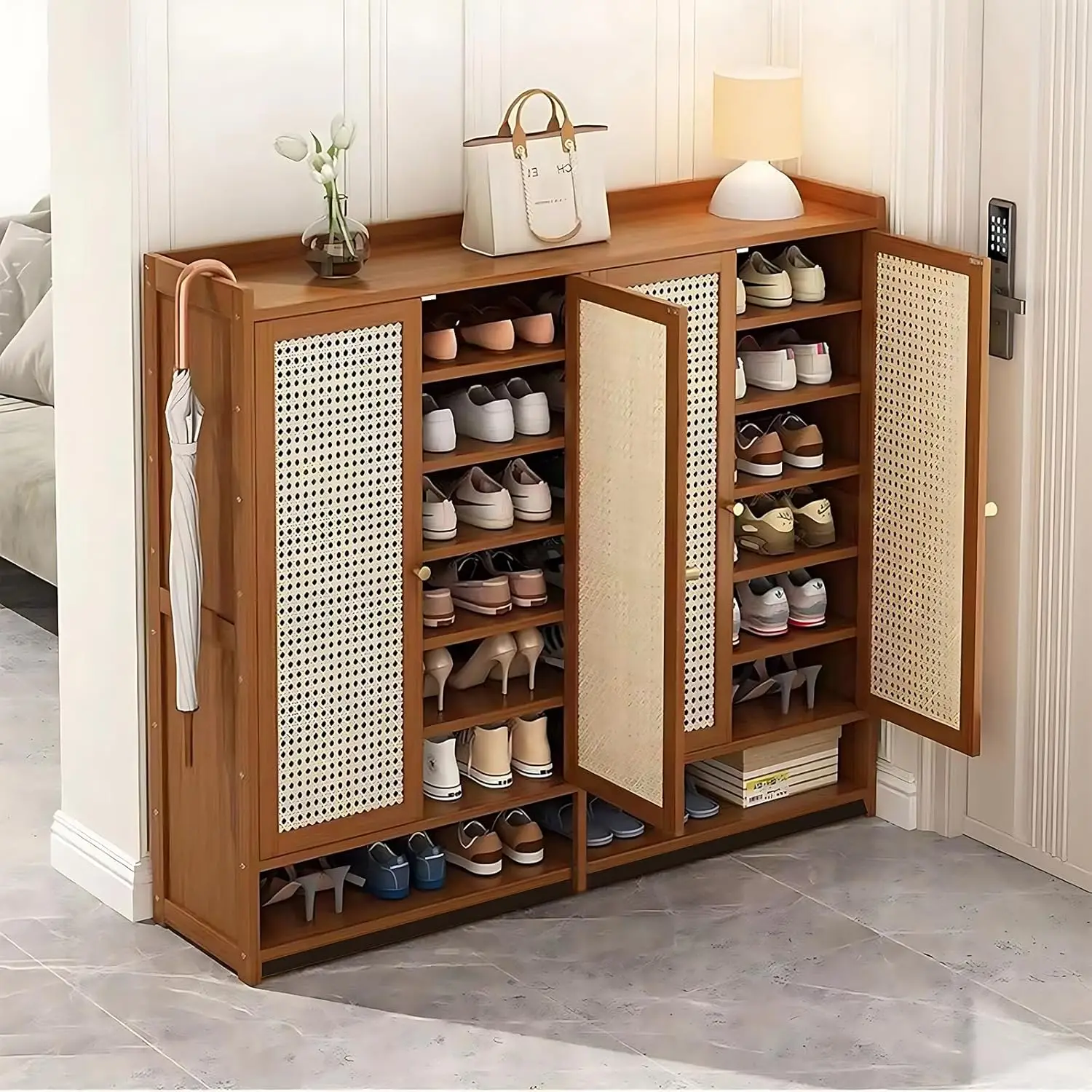 8 Tier Bamboo Shoe Storage Cabinet with Doors, 38-42 Pairs Shoe Rack for Closet, Rattan Storage Cabinet with Doors for Hallway L image 6