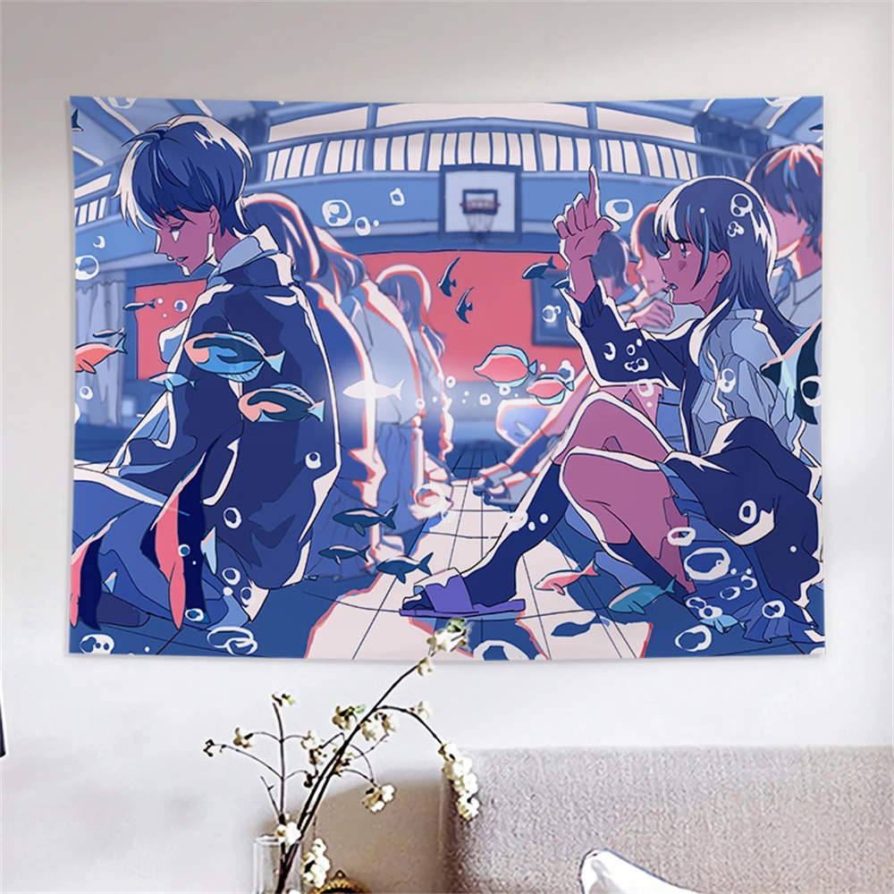 Japanese Hand-painted Illustration Printed Tapestry Cartoon Anime Whale City Landscape Tapestry Wall Hanging Kawaii Room Decor