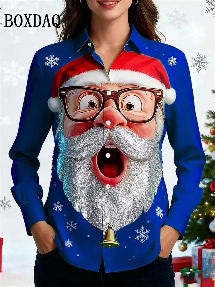 Christmas Women's Shirt Cute Cartoon Santa Claus Elegant Fashion Long Sleeve Blouse Autumn Winter Casual Lapel Top Daily Holiday