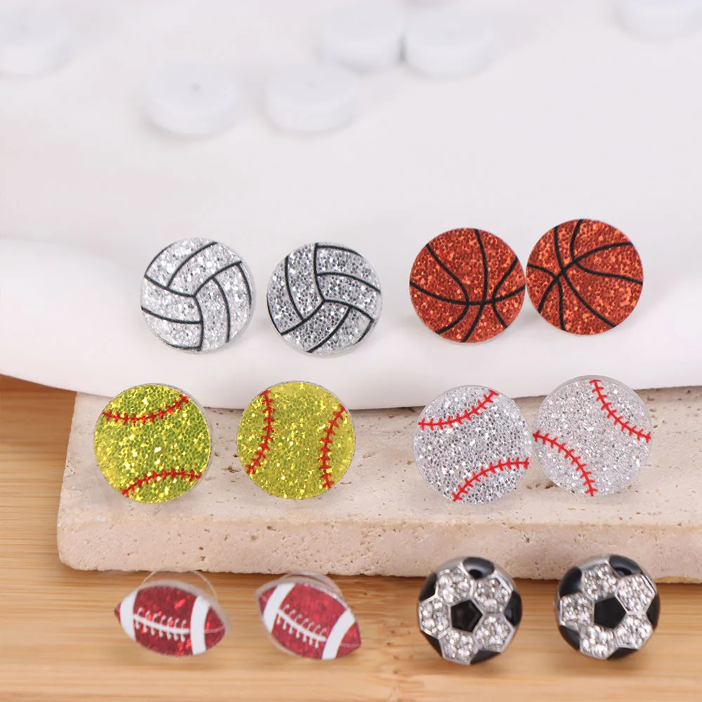Acrylic Sparkling Ball Stud Earrings Basketball Football Soccer Rugby Volleyball Acrylic Ball Ear Studs Tennis Baseball