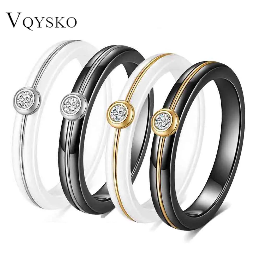 New 4MM stainless steel black and white ceramic diamond 18K gold wire ring, fashionable and exquisite, for women