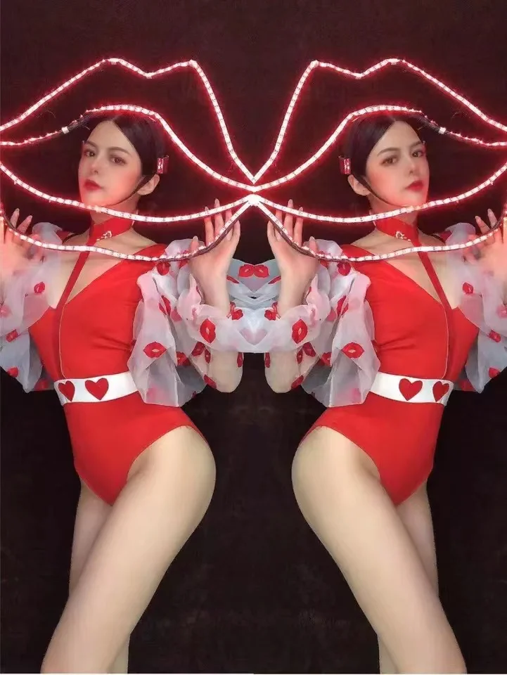 

Led Sexy Red Lips Headwear Bar Nightclub Party Stage Performance Headdress Costume Red Bodysuit