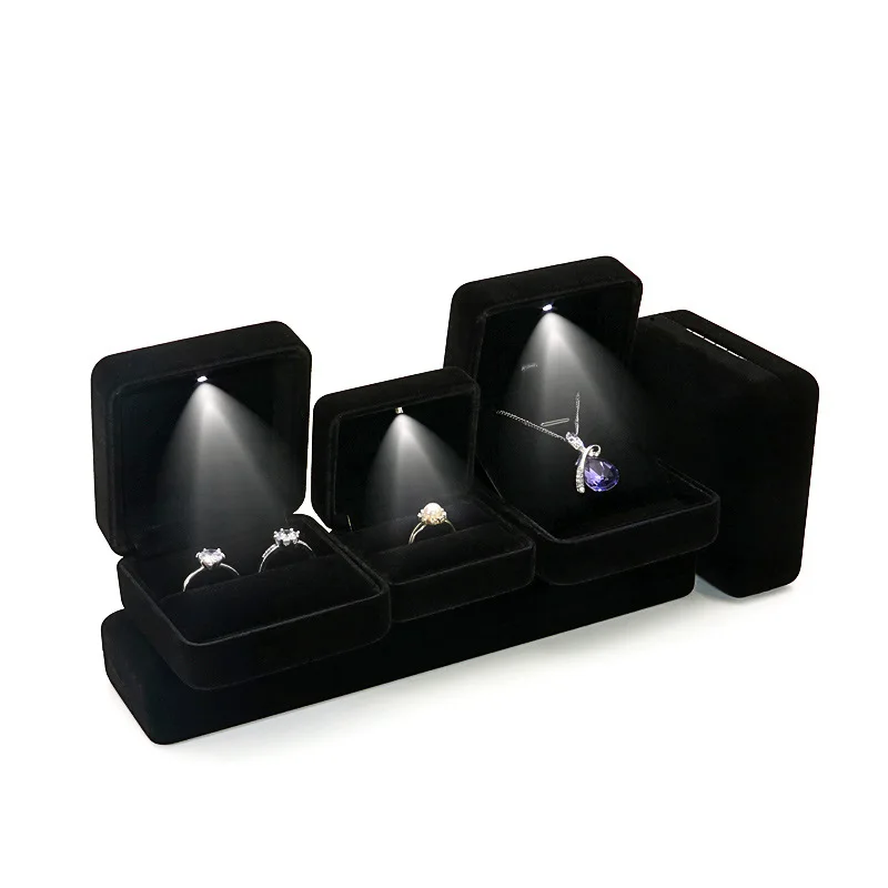 Velvet Ring Box LED Light Jewelry Gift Packing Box Engagement Wedding Ring Box Holder Luxury Case Organizer for Proposal 2022