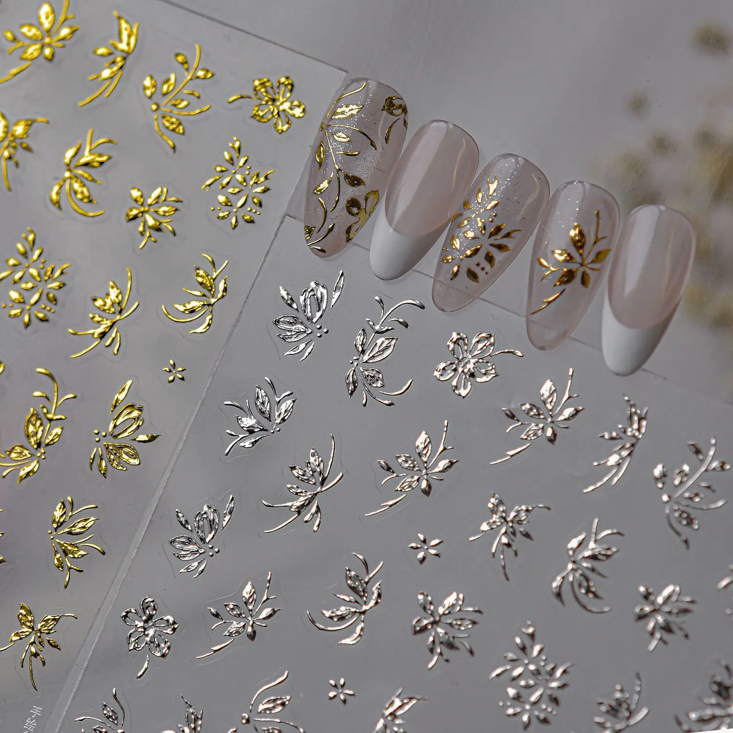Gold Silver Hand Drawn Metal flower Nail Stickers 5D Retro Flowers Design Nails 3D Decorations Stickers For Manicure DIY Decals