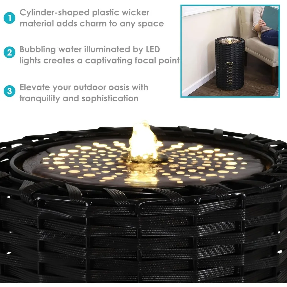 Cylinder Indoor/Outdoor Water Fountain - 20.5-Inch - with Plastic Wicker Design and LED Lights