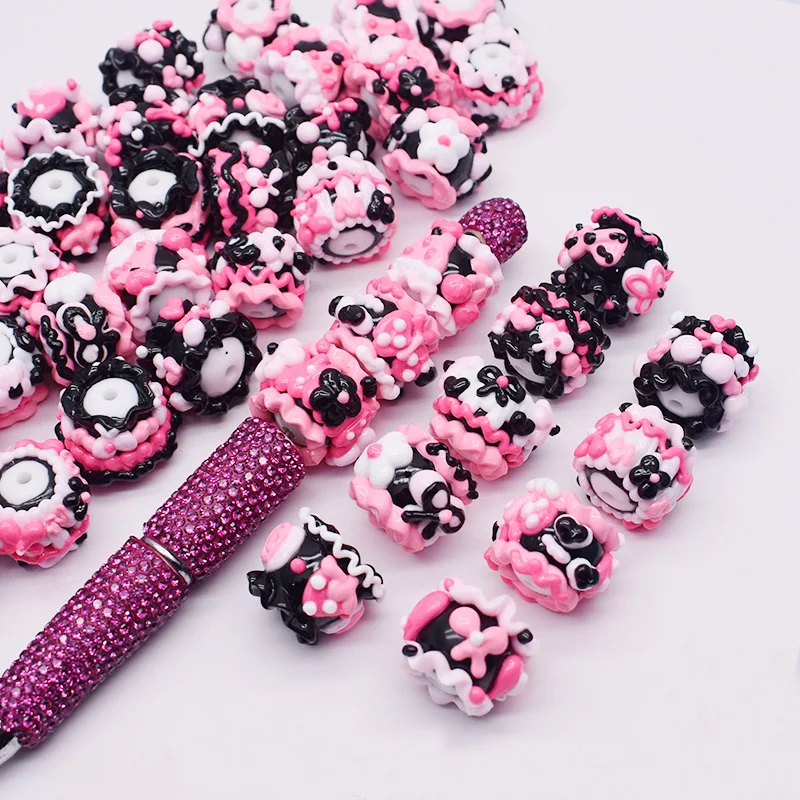 Pink Girl Design Acrylic Beads Handmade Drawn Cartoon Painting Loose Beads for Jewelry Making DIY Bead Pen Keychains Phone Chain