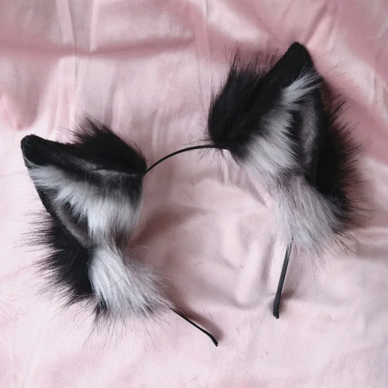 Handmade Lolita Halloween Christmas Game Party Cosplay Prop Simulation Animal Ear White Black Wolf Ears Hairhoop Headwear