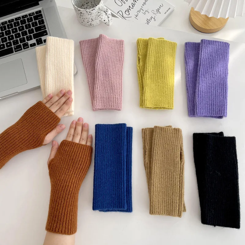 Half-finger gloves Women's autumn/winter Korean edition all-tie knitted warm vertical striped wool half-cut student writing cycl