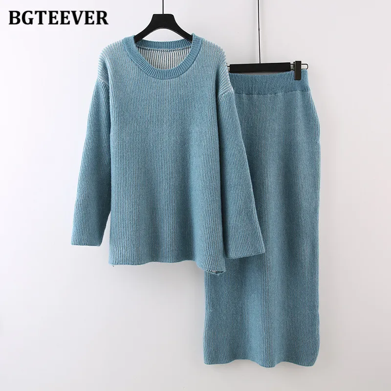 

BGTEEVER Autumn Winter Women Knitted Outfits O-neck Long Sleeve Sweaters Jumpers Female Package Hip Skirts Set