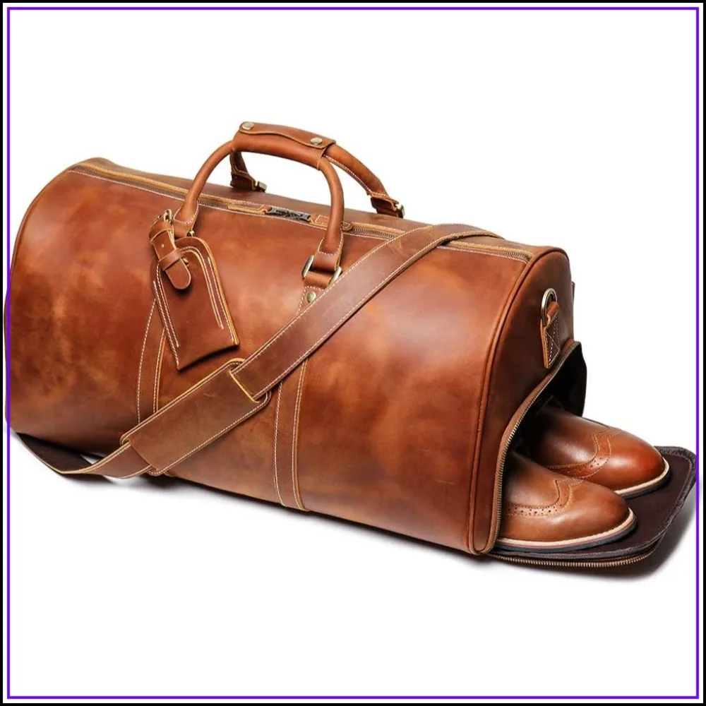 

Leather Travel Duffel Bag, Mens Classic Weekend Bag Overnight Full Grain Retro Sport Gym Carry on Luggage YKK Zipper