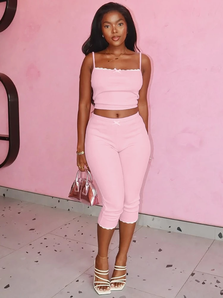 

Fashion Sexy Bowknot Ribbed Pink Shorts Set Women's Summer Camisole Tops and Short Pants 2 Piece Sets Holiday Party Streetwear