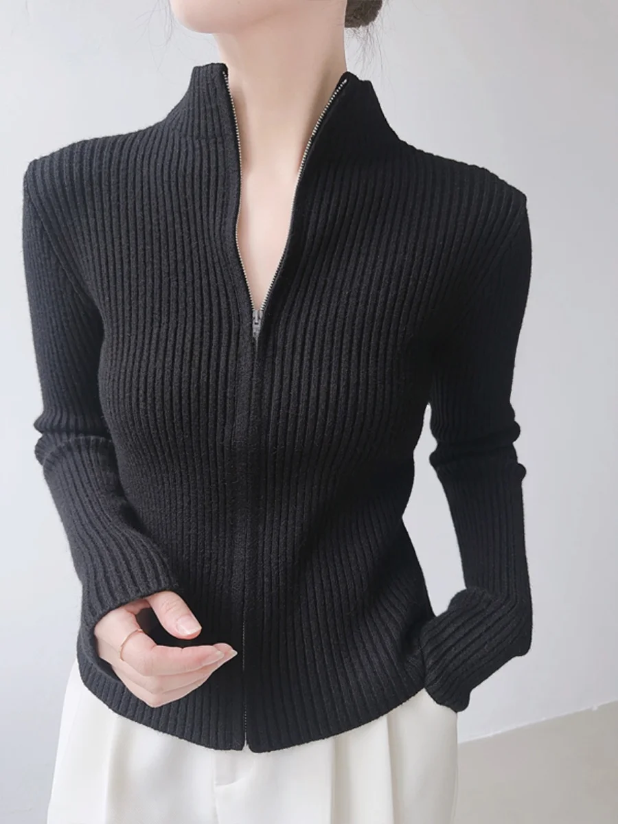 

XALI High-End Bla f-High Collar Women's Sweater Slim Fit Inner Wear ort Knitted Open Cardigan Winter Commute Sle
