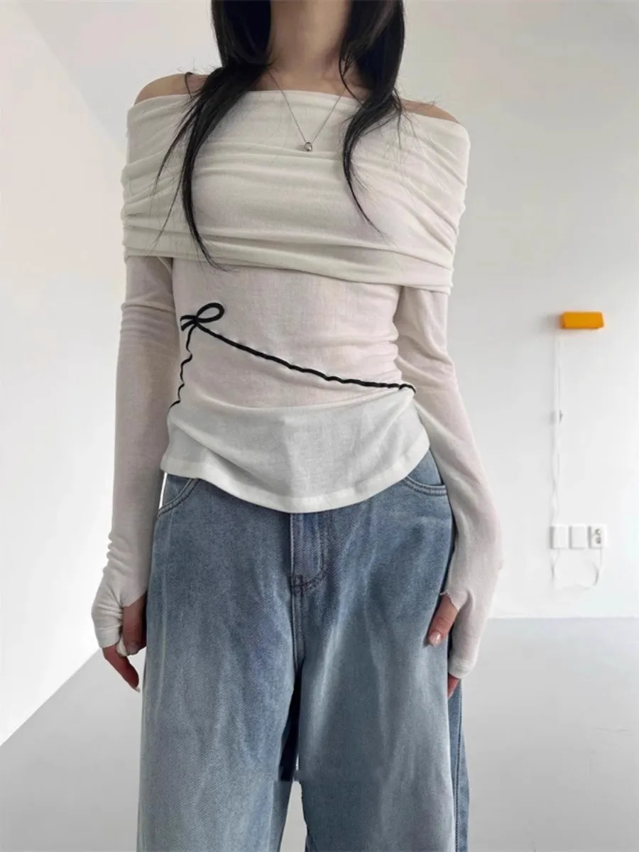 

Korean Sle Long Sve Velvet oulder Bared One-oulder T-irt Women's Exclusive Knot Waist Design Casual Fit