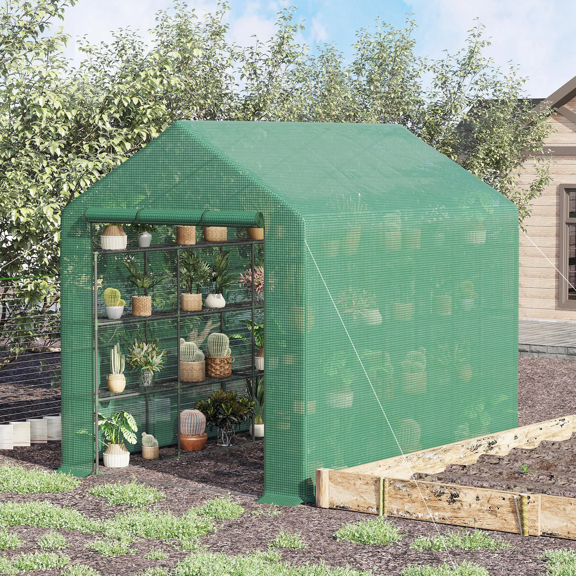 Serre de jardin avec 8 étagères, serre pour plantes de tomates avec porte enroulable, structure en acier vert et couverture en PE, imperméable et résistante aux UV