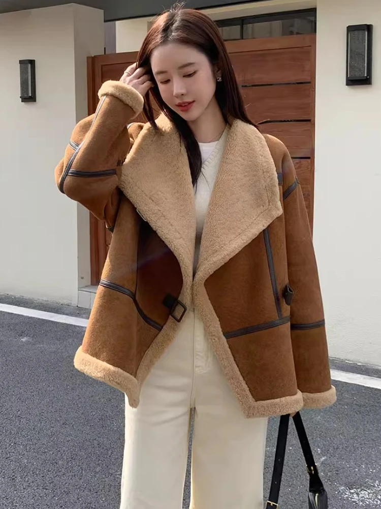 Luksusowe kurtki zimowe z wyższej jakości wełny merino i zamszu dla kobiet, nowa kolekcja 2025, proste, codzienne, prawdziwe skórzane płaszcze z futra jagnięcego.