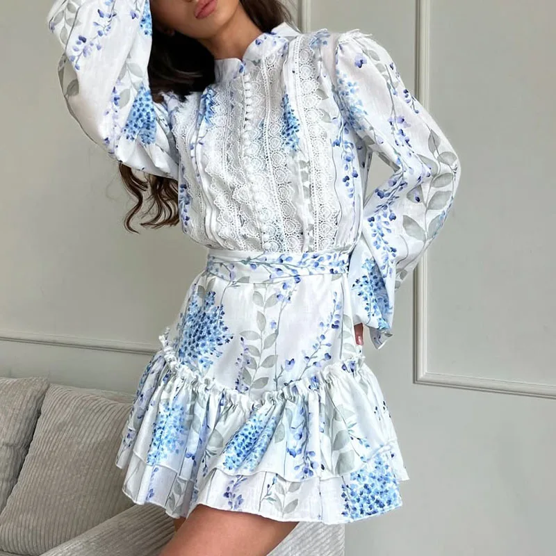 

Summer new dress with blue and white print stand up collar bubble sleeves ruffle edge short skirt small and fresh mini skirt
