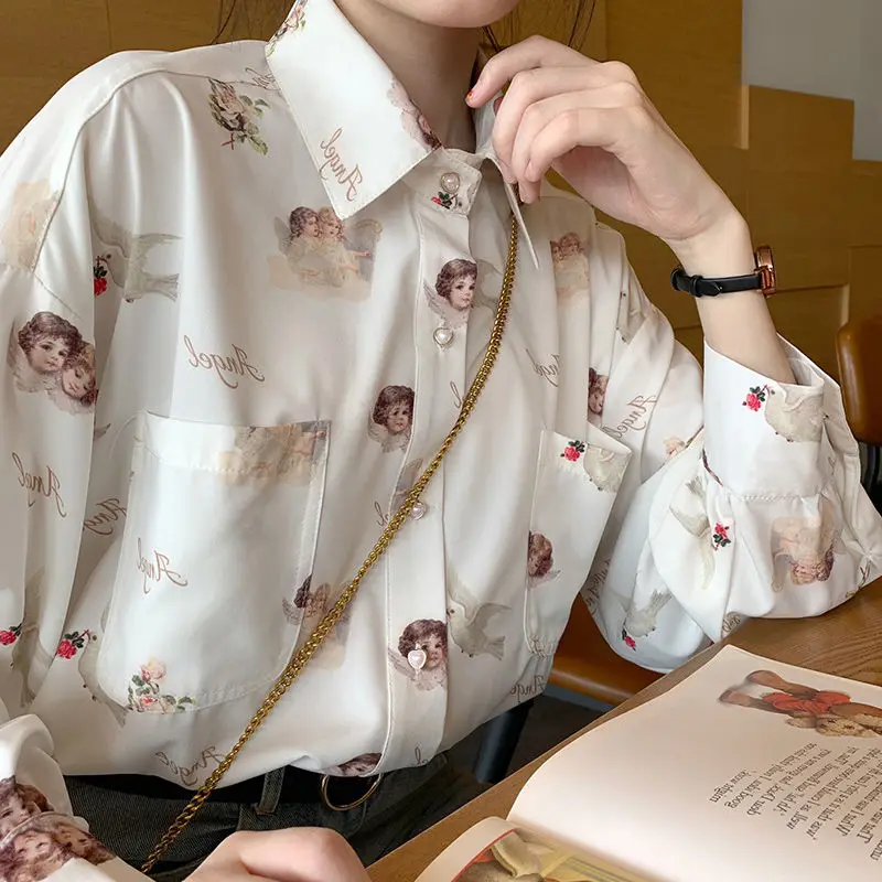 Harajuku Angel Print Womens Shirt Vintage Elegant Blouse Women Autumn 2024 Lantern Sleeve Female Clothes Loose BF Shirt