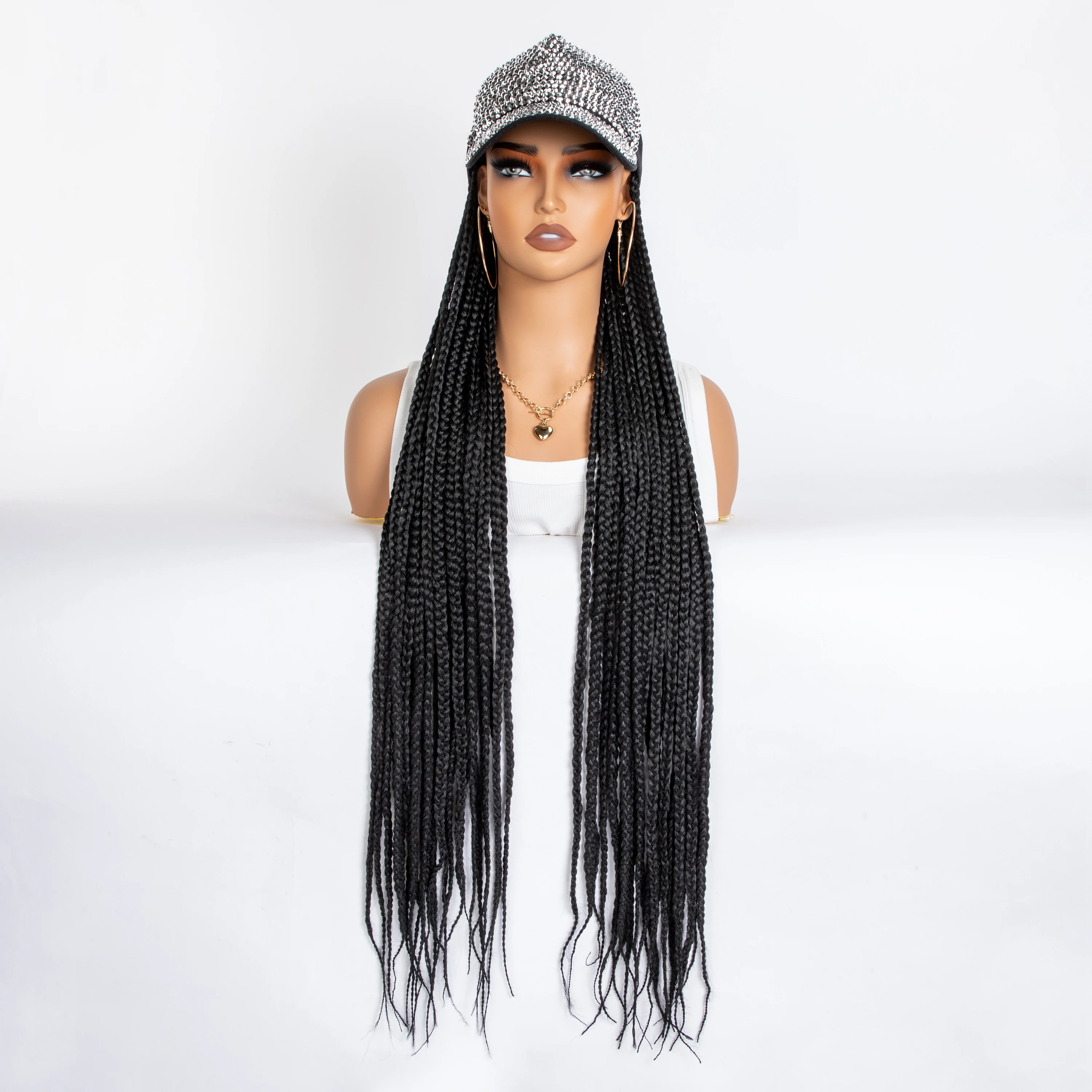 WIGERA Extra long 36Inch Black Box Braided Synthetic Wigs With Rhinestone Decor Adjustable Hat Cap Braiding Hair Extensions Wigs