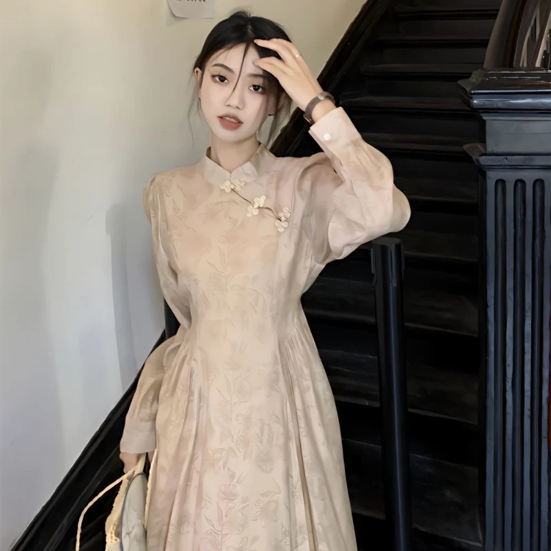 2024 Spring Fall Women Chinese Style Vintage Floral Pattern Beige Full Sleeve Plated Dress , Woman Slim Designer Dresses