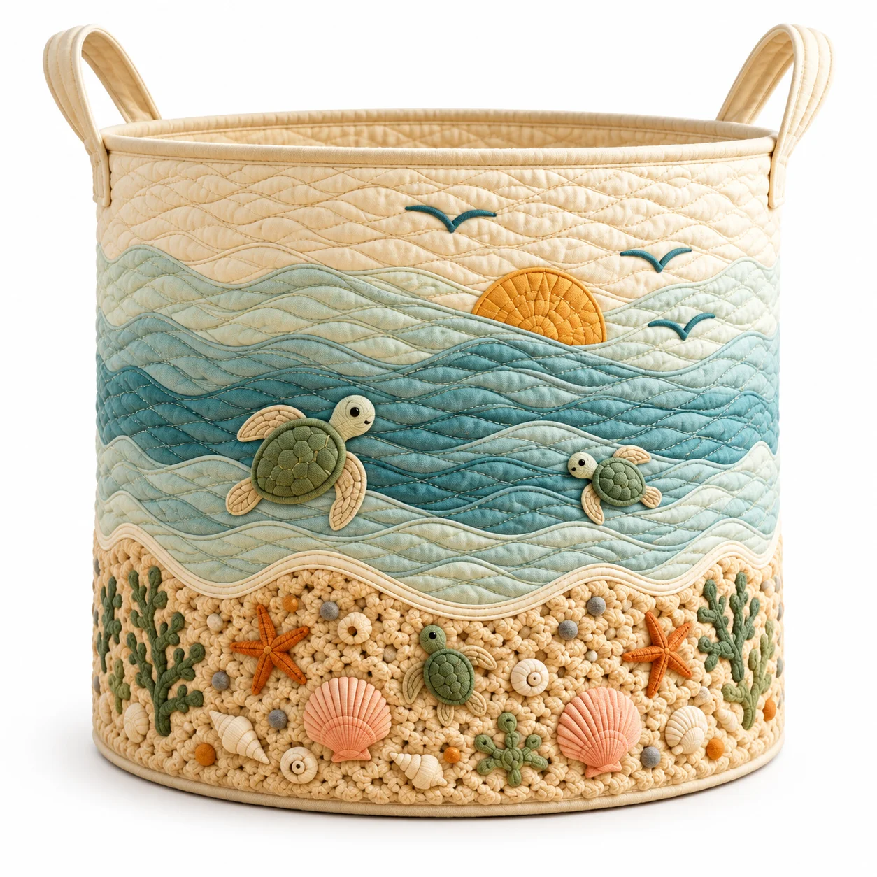 Collapsible Quilted Laundry Hamper with Handles, Ocean Sea Turtle Seashell Wave Pattern Large Fabric Laundry Basket, Foldable Freestanding Storage Bin for Bathroom, Nursery, Beach Home Decor